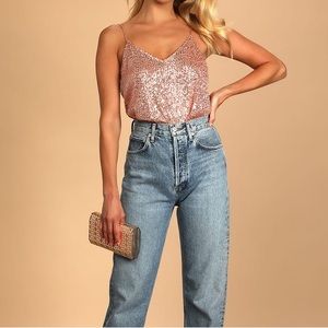 Lulus Women’s Sparkling Glimpse Rose Gold Sequin Sleeveless Cami Top size Large